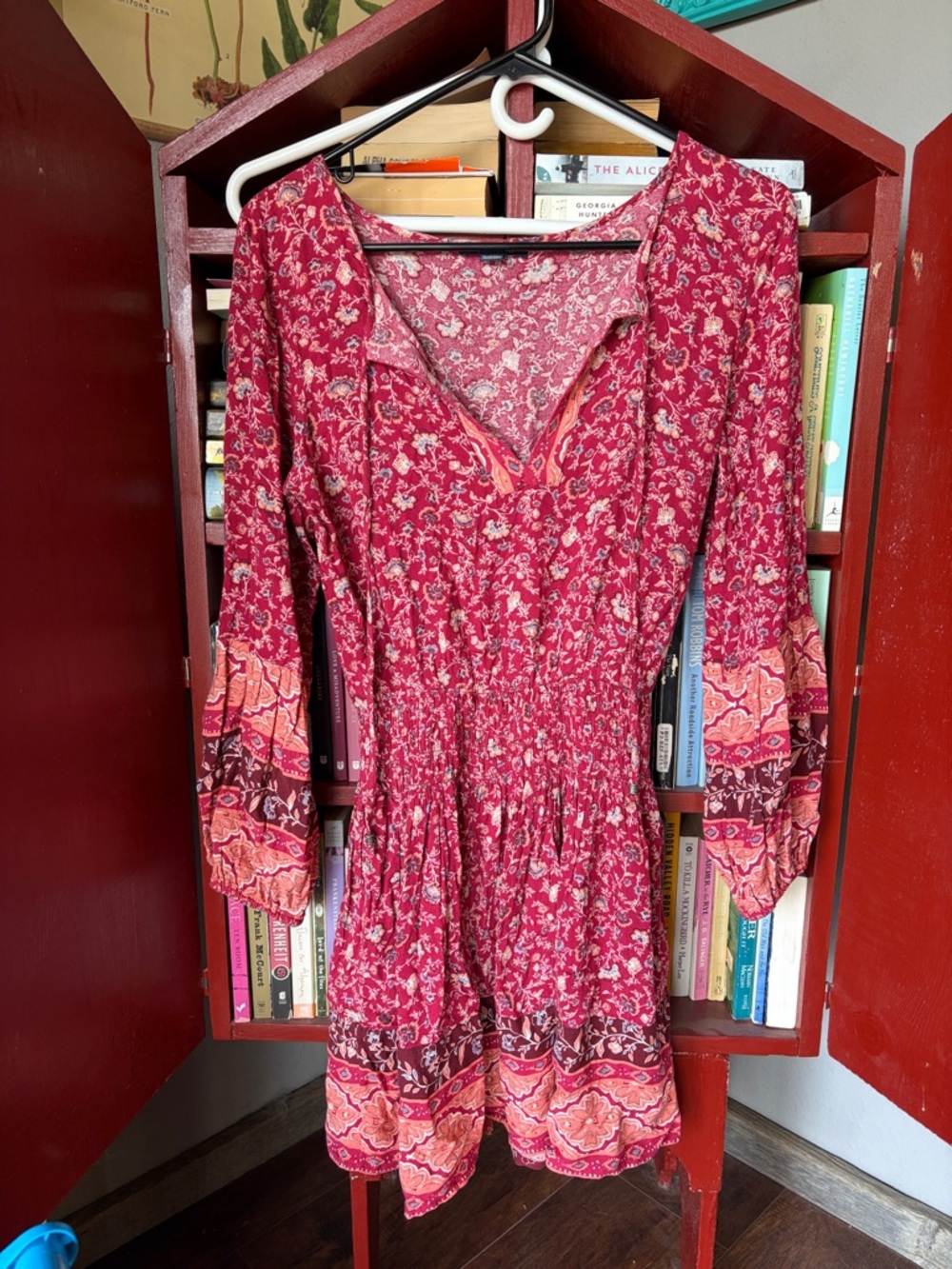 American Eagle Outfitters Red Floral Long-Sleeve Smocked Dress